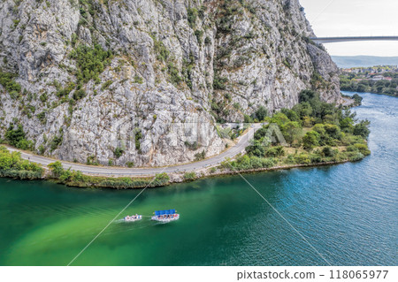 Boats in the canyon on the Cetina river near Omis, Croatia, Europe 118065977