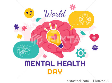 World Mental Health Day Vector Illustration on October 10 featuring Mental Health Awareness a Symbol with the Brain and Flowers in a Flat Background 118075500