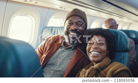 Black young couple travelling by plane doing selfie, holiday vacation concept. AI Generated content 118093056