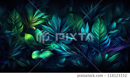 exotic leaves and flowers in neon glowing light background, colourful wallpaper 118123152