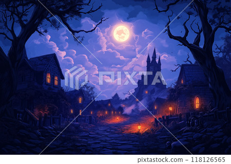 A moonlit spooky village with glowing windows and a towering castle, surrounded by eerie trees and lanterns 118126565