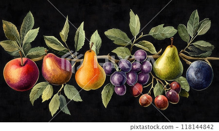 Detailed botanical drawing showcasing different fruits 118144842