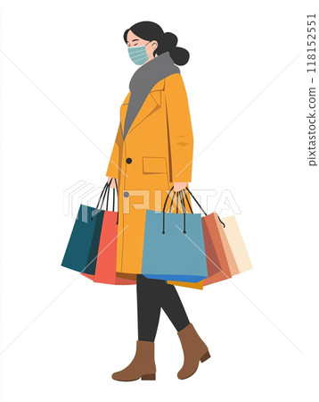 A woman wearing a medical mask, walking and shopping with several bags in her hands. 118152551