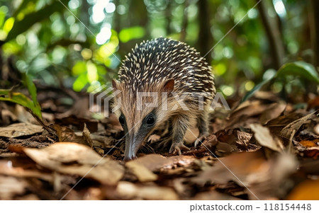 A cute hedgehog with spiky quills explores the forest floor, surrounded by autumn leaves and lush vegetation, its pointed snout searching for food 118154448