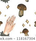 Mystical pattern of mushroom and hand. Seamless pattern of watercolor illustrations. Hand-drawn. Happy Halloween 118167304