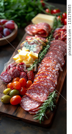 Charcuterie Board with Mixed Meats, Cheese, Grapes, Olives, and Cherry Tomatoes, cold cuts meat, banner 118176085