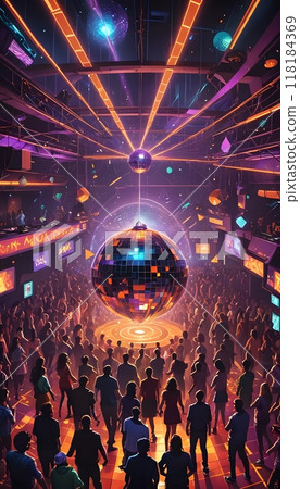 Stylish nightclub with disco balls and vibrant neon lights 118184369