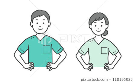 Upper body illustration of a male and female dentist putting their hands on their hips 118195023