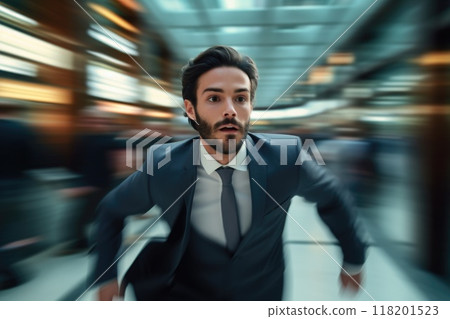 Corporate race - a businessman running, embodying concept of fast work and corporate lifestyle, illustrating demands of modern life and pursuit of business success in a dynamic world. 118201523