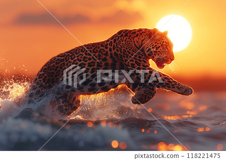 An African leopard with fangs in a jump hunts at sunset in a shroud on a safari, a carnivorous predator. 118221475