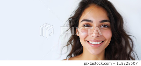 Young hispanic latino woman with dark brunette curly hair smiling with copy space. Happiness, white teeth, smooth skin tone, natural beauty, joyful positive concept 118228507