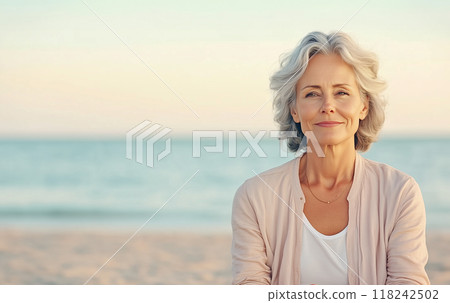 A serene elderly woman enjoying a peaceful moment by the beach at sunset 118242502