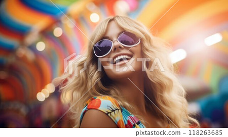 Retro Radiance: Joyful Blonde Woman Channeling the Psychedelic 70s Vibe. Generative ai 118263685