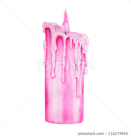 Pink burning candle with flame and wax drips. Element of decor for Halloween, Sabbath, Christmas event. Vintage attribute of mysticism, magic, astrology. Watercolor hand drawn cut out isolated clipart 118274950