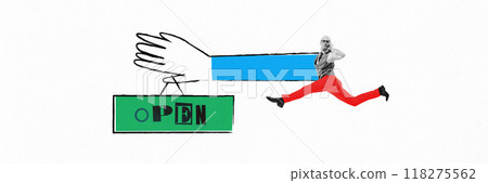 Banner. Contemporary art collage. Man, mid-stride, runs past extended hand that holds Open sign, reflecting speed and readiness for new venture. 118275562