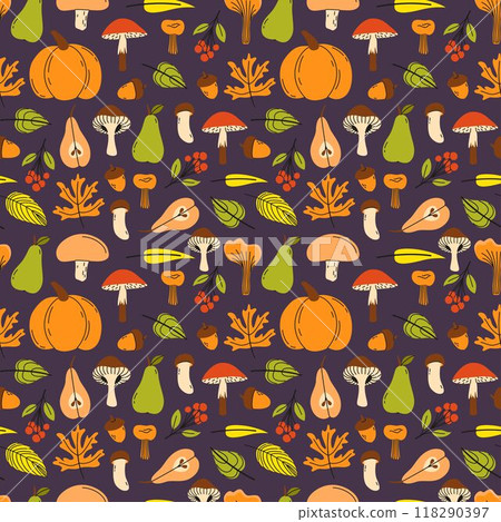 Seamless pattern for fall season. Autumn cozy set with pumpkin, leaves and mushrooms. Vector illustration. 118290397