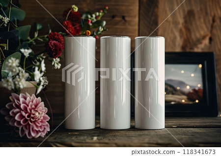 Set of White Tumblers with Lids on Wooden Surface 118341673