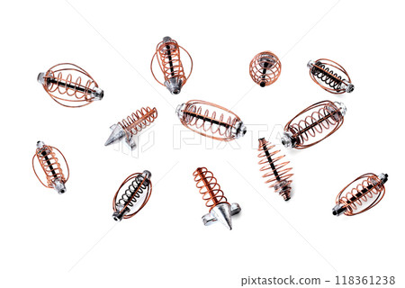 spiral cone feeders for fishing on a white background, isolate, close-up 118361238