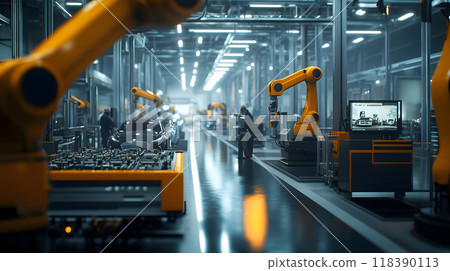 Automated robotic arms assembling cars in a factory 118390113