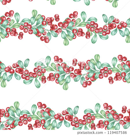 Depicting vibrant red cranberries and green leaves in rows, this watercolor seamless pattern is perfect for packaging, textiles, and seasonal product designs like stationery and gift wrap 119407586