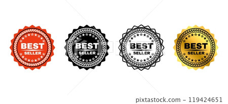 Best seller badge tag. Buyers choice seal emblem sticker, Bestseller marketing stamp label with floral pattern frame and twinkling stars. Retro classic vector icons set 119424651