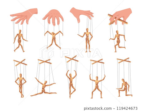 Wooden dummy figure. Marionette puppets controlled by strings and hand manipulation. Puppet theater human model poses. Control, leadership and influence concept illustrations vector set 119424673