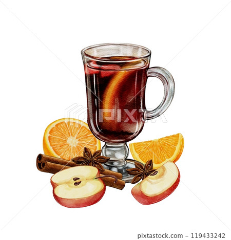 Grintwein, a warm wine drink with cinnamon, star anise, apples and orange 119433242