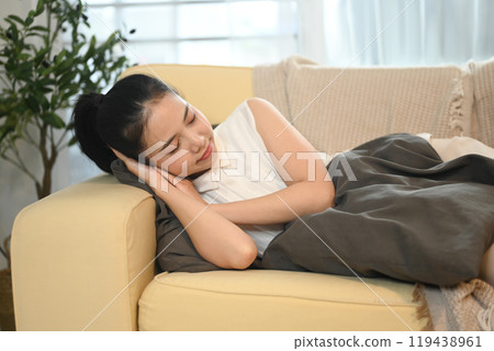 Young beautiful asian woman sleeping on couch at home 119438961