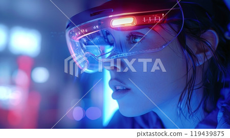 Wearing VR goggles using simulation device, double exposure on online cyber lifestyle. 119439875