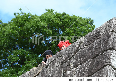 A ninja and a female ninja watching from the top of a stone wall 119442296