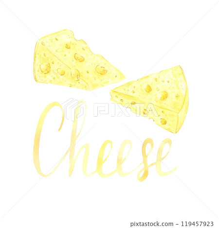 Hand drawn watercolor pieces of cheese with text isolated on white background. Can be used for postcard, label, scrapbook and other printed products. 119457923