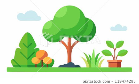 Green flat summer landscape. Nature forest, park tree. Cartoon woodland, natural wood environment. Plant foliage and branch. Eco illustration 119474293