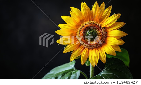 Bright sunflower with green leaves against a dark background in a natural setting 119489427