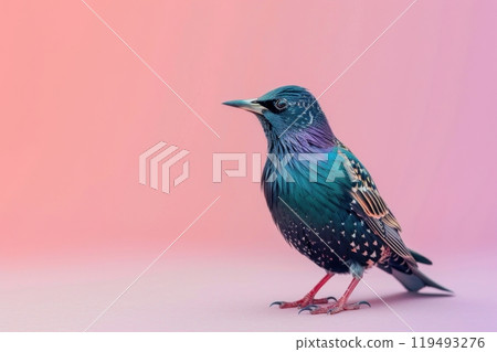 Common Starling, isolated on pastel background, stock photographic style 119493276