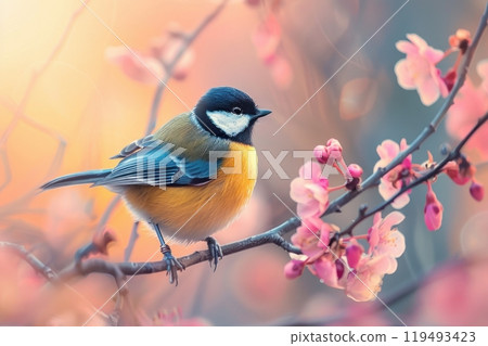 Great Tit, isolated on pastel background, stock photographic style 119493423