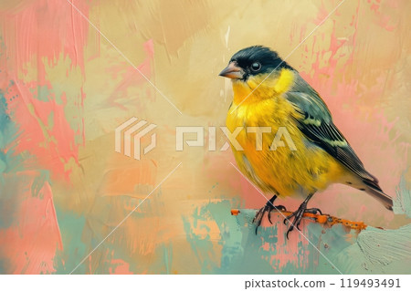 Lesser Goldfinch, isolated on pastel background, stock photographic style 119493491