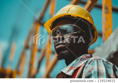 Focused construction worker wearing a hard hat and safety glasses at a construction site 119524615