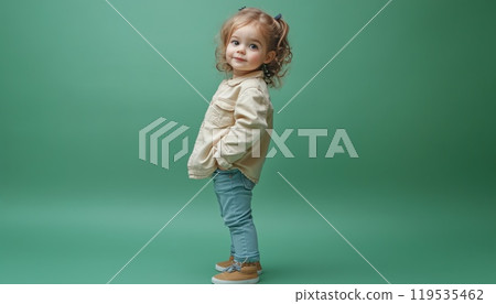 Portrait Of A Young Girl In Casual Attire Poses Playfully On A Green Background Studio - Celebrating Mother'S Day 119535462