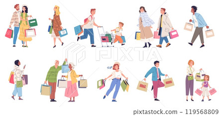 Shopaholic people. Buyers carry shopping bags, happy shoppers joy purchase packing gift discount retail sale mall store, crazy consumers shop customers classy vector illustration 119568809