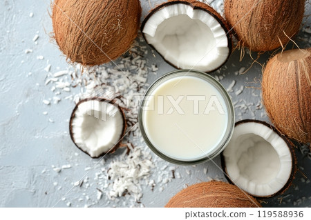 Creamy coconut milk in a glass beside fresh coconut halves on a rustic wooden table 119588936