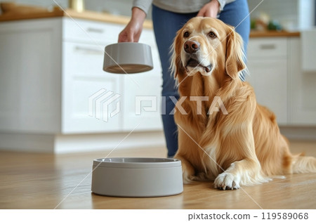 Golden Retriever resting beside an empty bowl with a person preparing to feed it in a kitchen 119589068