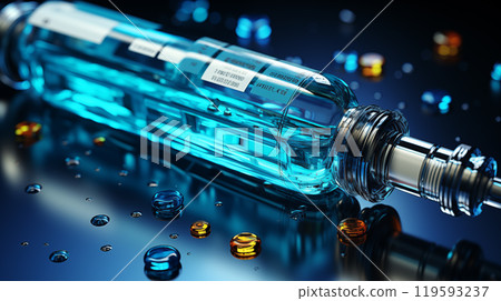 Realistic picture of a syringe with liquids focusing on the syringe's intricate design. The syringe is portrayed with clarity, showcasing its essential role in medical procedures. 119593237