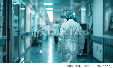 Medical staff in protective clothing navigate a busy hospital corridor, reflecting the active environment of healthcare 119628667