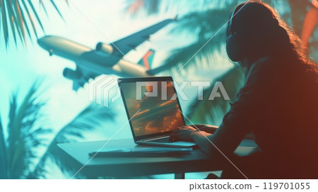 Woman travel blogger works on laptop at airport gate. Plane taking off. Digital nomad stays connected with technology. Listening to music. Palm trees silhouette against sunset adds to adventure vibe 119701055