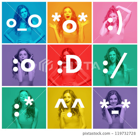 Creative colorful collage with close-up portraits of young woman expressing diversity of emotions against multicolored background. Happiness, excitement and misunderstanding 119732728