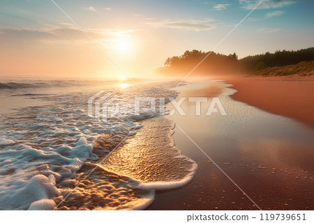 Foggy beach with water washing onshore, bright at sunset. Beautiful summer vibe 119739651