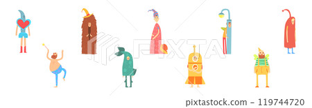 Happy Man Character Wearing Funny Costume and Outfit Vector Set 119744720