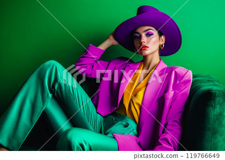 Beautiful cheeky confident Mexican young woman in purple business suit and violet hat in modern interior. Fashionable brunette posing girl Direct look This is AI-generated item 119766649