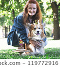 beautiful corgi dog and girl 119772916