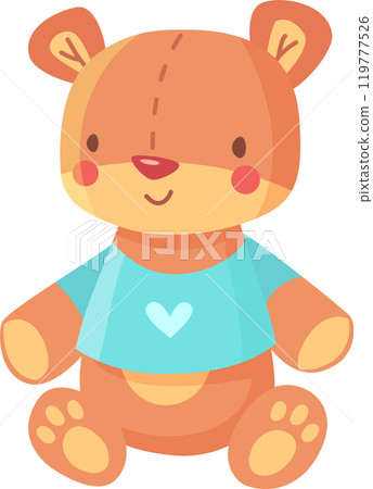 Adorable brown teddy bear in a blue t shirt with a heart, sitting and smiling, perfect for kids and babies. Great for nurseries and playrooms 119777526